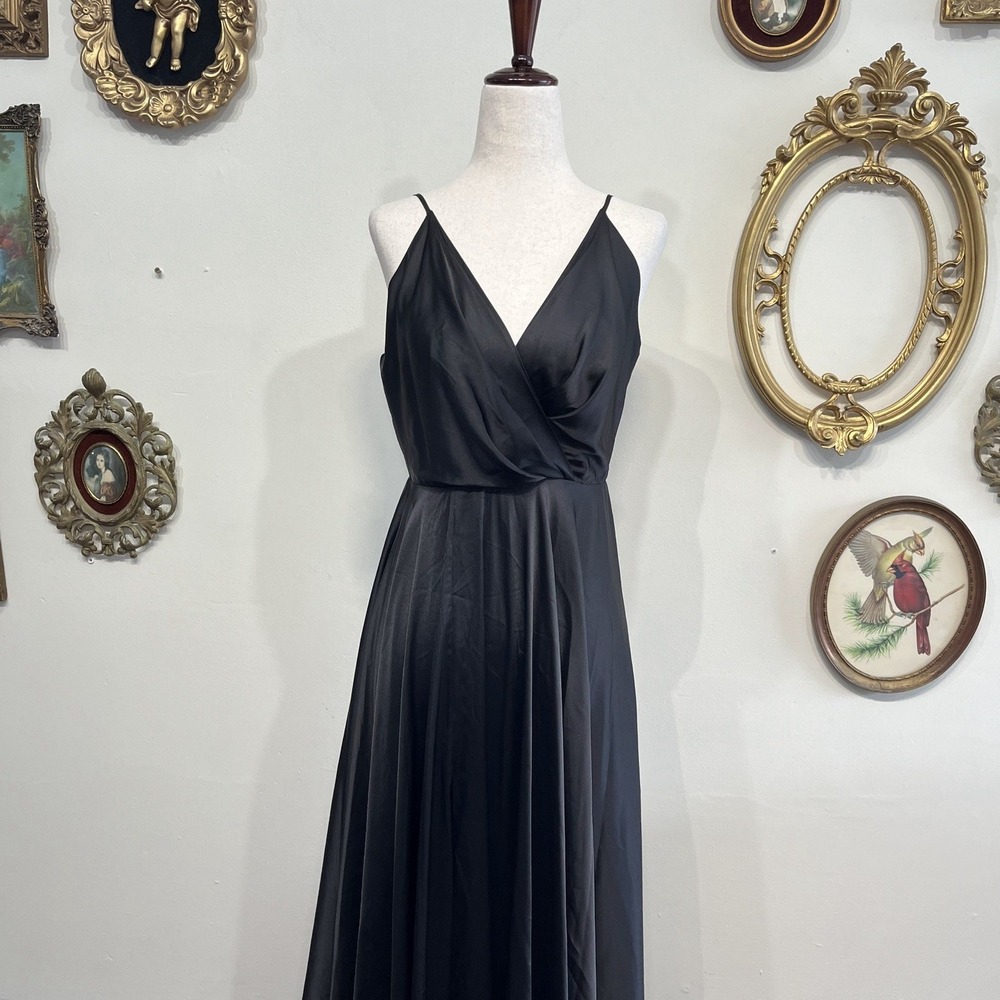 Angelika Jozefczyk Black Satin V-Neck Maxi Dress Evening Gown Size 6